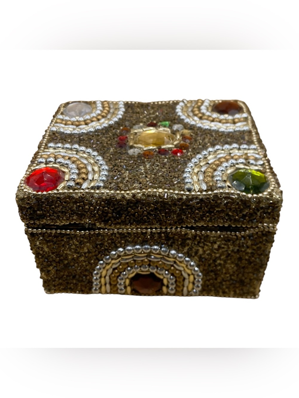 Beaded Decorative Trinket Box - Gold with Multicolor Gems